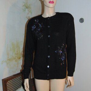 Vintage Amanda Smith Sweater Large Black Sequin Silk Angora Rabbit Cardigan L